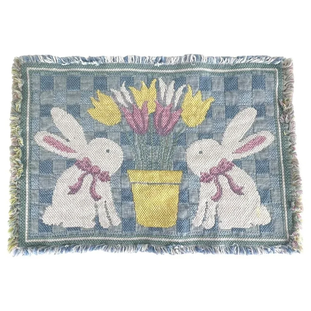 Set Of 2 Easter Woven Placemat Bunny Rabbit & Tulip Design Pink Yellow Blue